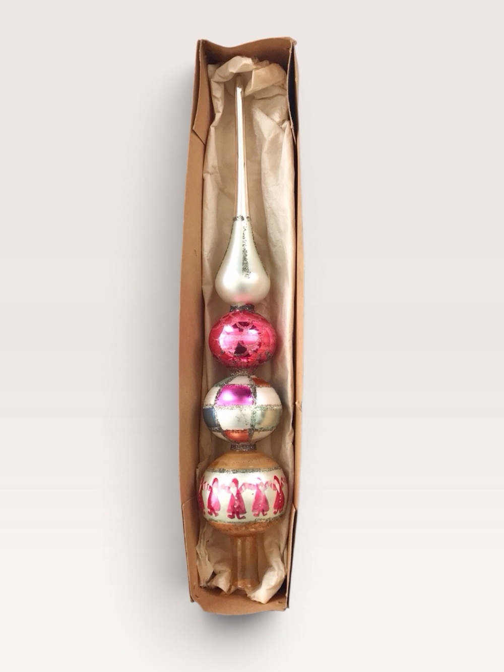 Vintage Mercury Glass Christmas Tree Topper Finial Hand-Painted Dancing Santas